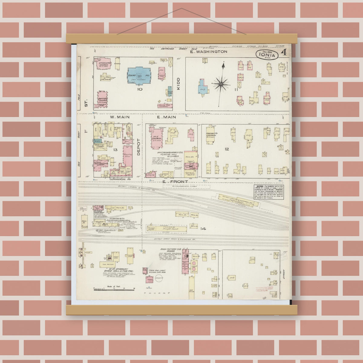 Old map wall art mockup — magnetic wood frame on brick wall — Sanborn Fire Insurance Map from Ionia, Ionia County, Michigan (1884), Sheet #0004