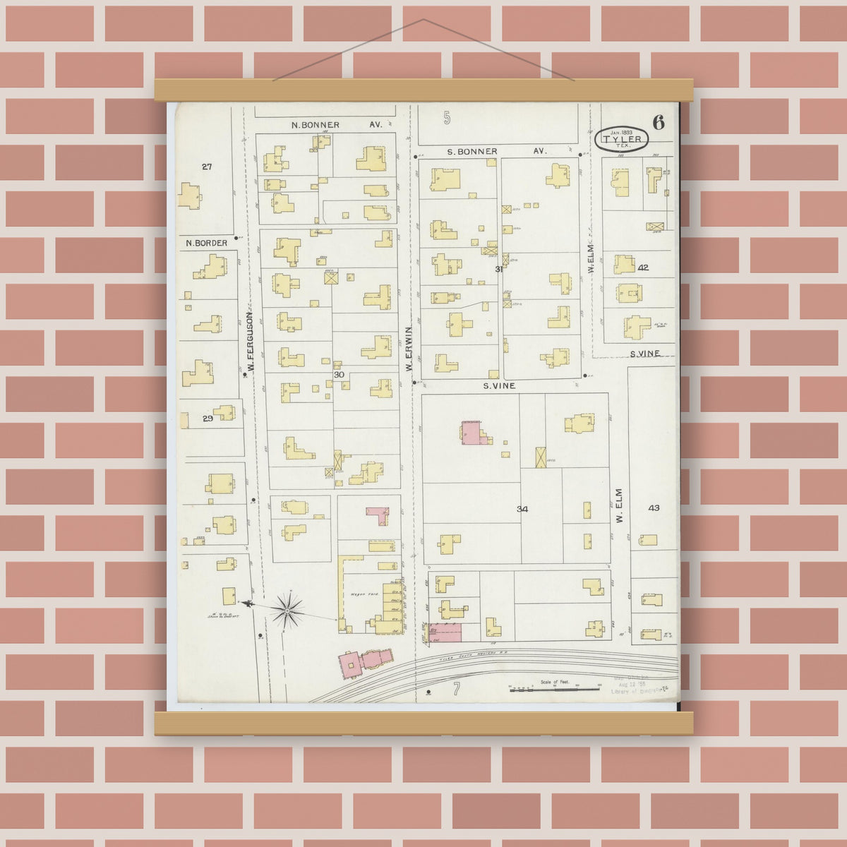 Old map wall art mockup — magnetic wood frame on brick wall — Sanborn Fire Insurance Map from Tyler, Smith County, Texas (1893), Sheet #0006