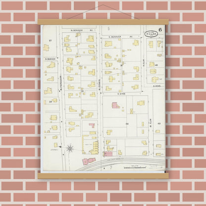 Old map wall art mockup — magnetic wood frame on brick wall — Sanborn Fire Insurance Map from Tyler, Smith County, Texas (1893), Sheet #0006