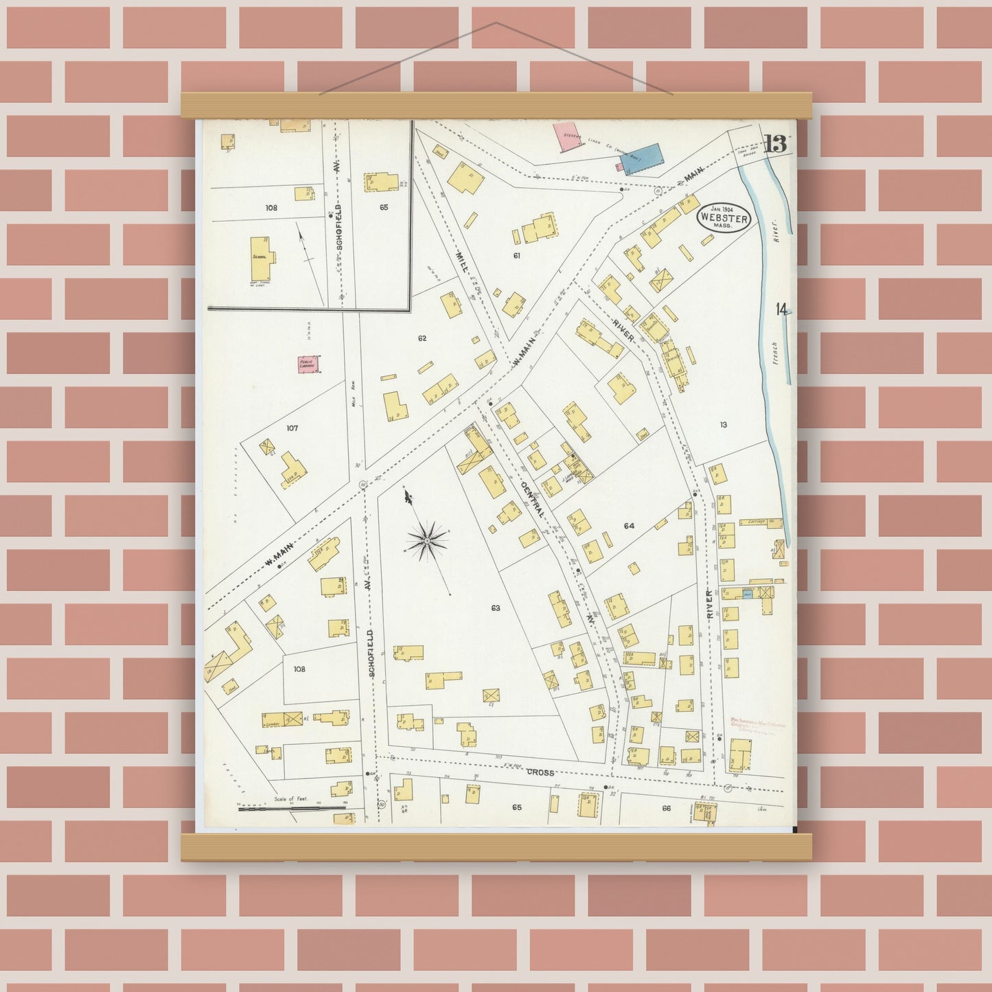 Old map wall art mockup — magnetic wood frame on brick wall — Sanborn Fire Insurance Map from Webster, Worcester County, Massachusetts (1904), Sheet #0013