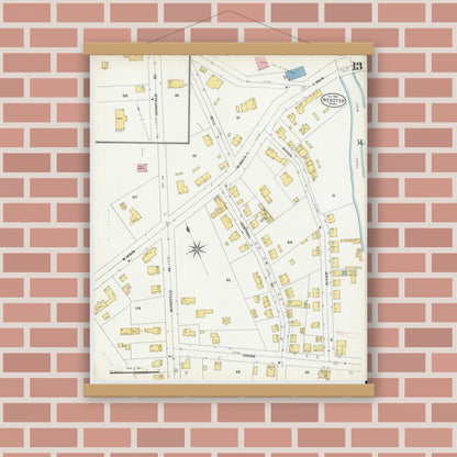 Old map wall art mockup — magnetic wood frame on brick wall — Sanborn Fire Insurance Map from Webster, Worcester County, Massachusetts (1904), Sheet #0013