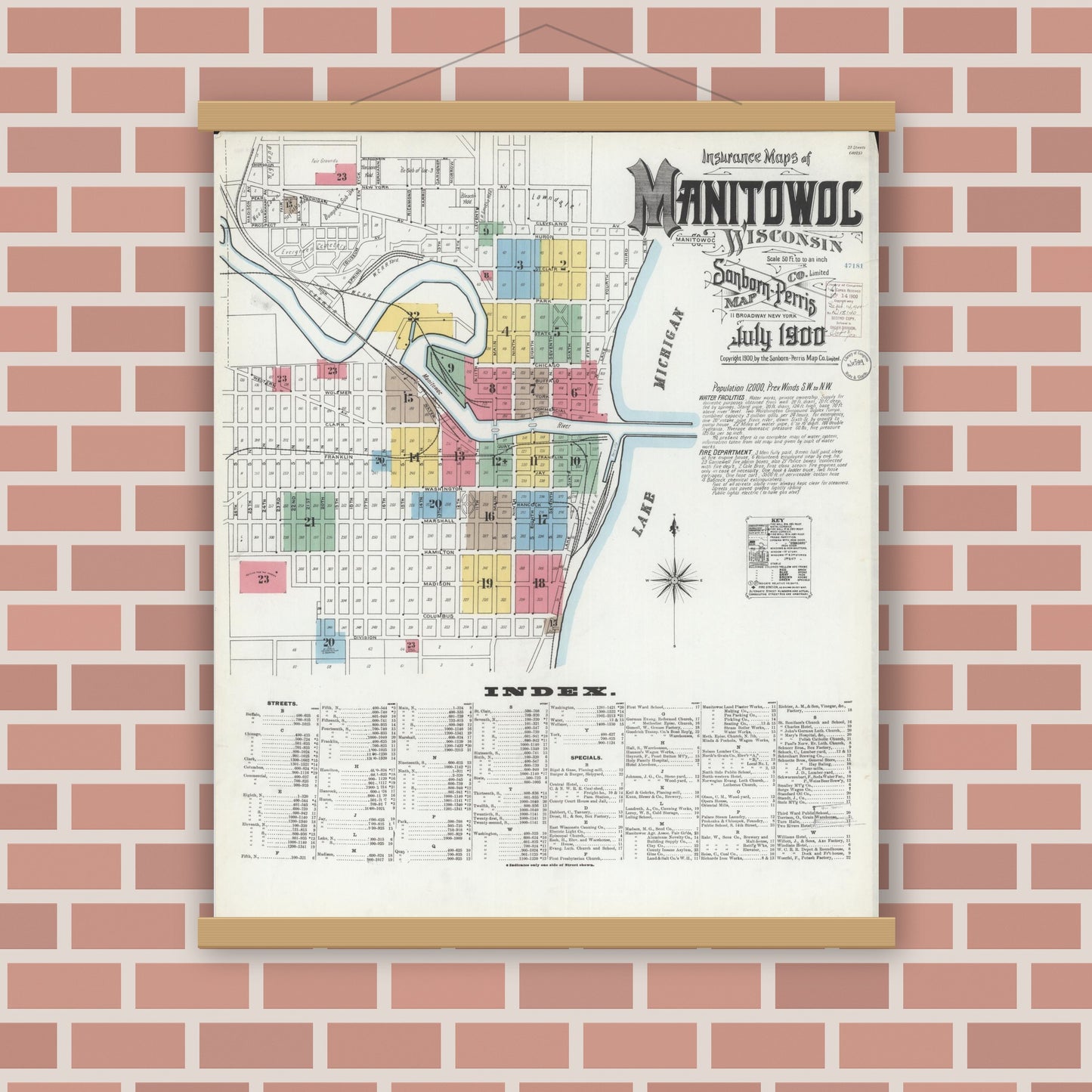 Old map wall art mockup — magnetic wood frame on brick wall — Sanborn Fire Insurance Map from Manitowoc, Manitowoc County, Wisconsin (1900), Sheet #0001