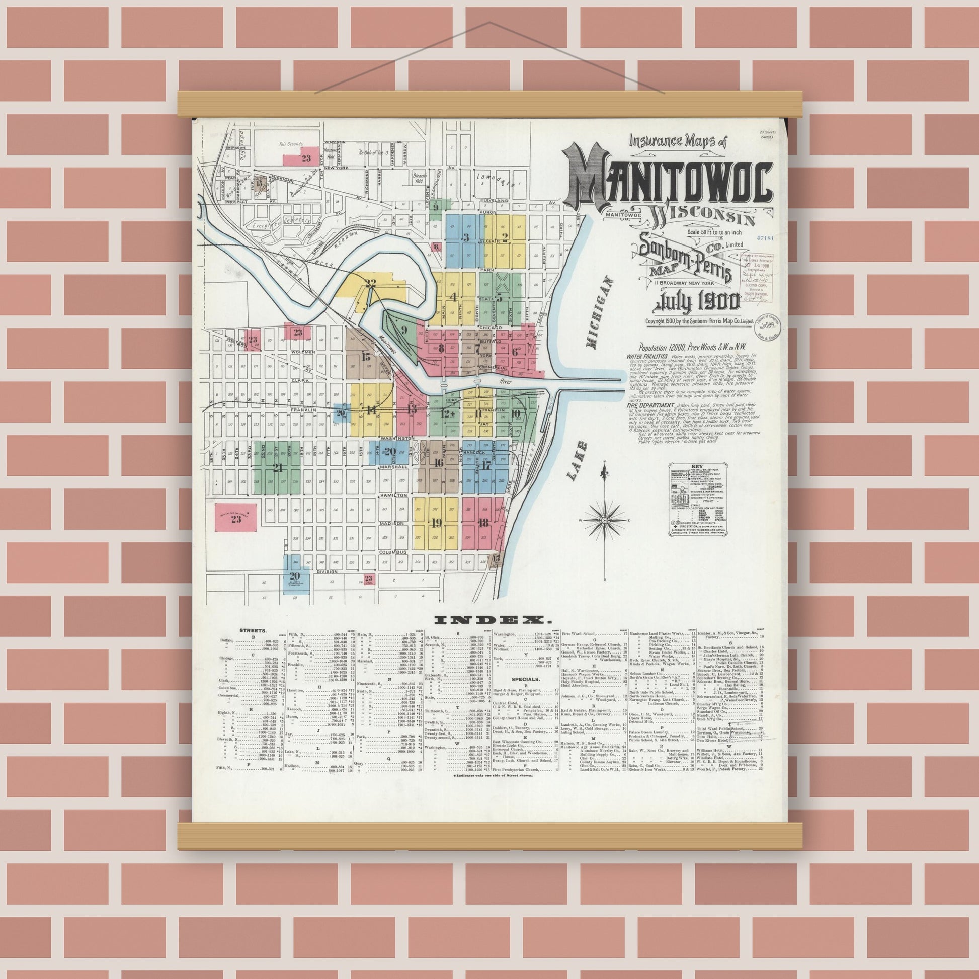 Old map wall art mockup — magnetic wood frame on brick wall — Sanborn Fire Insurance Map from Manitowoc, Manitowoc County, Wisconsin (1900), Sheet #0001