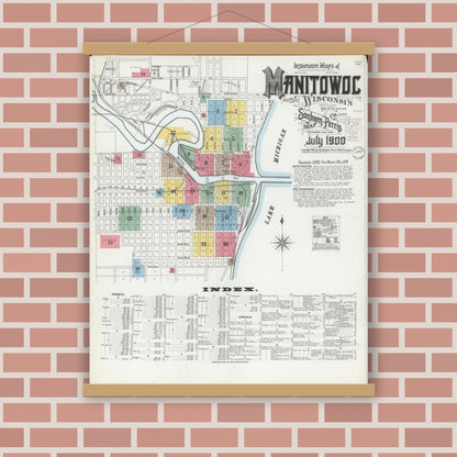 Old map wall art mockup — magnetic wood frame on brick wall — Sanborn Fire Insurance Map from Manitowoc, Manitowoc County, Wisconsin (1900), Sheet #0001