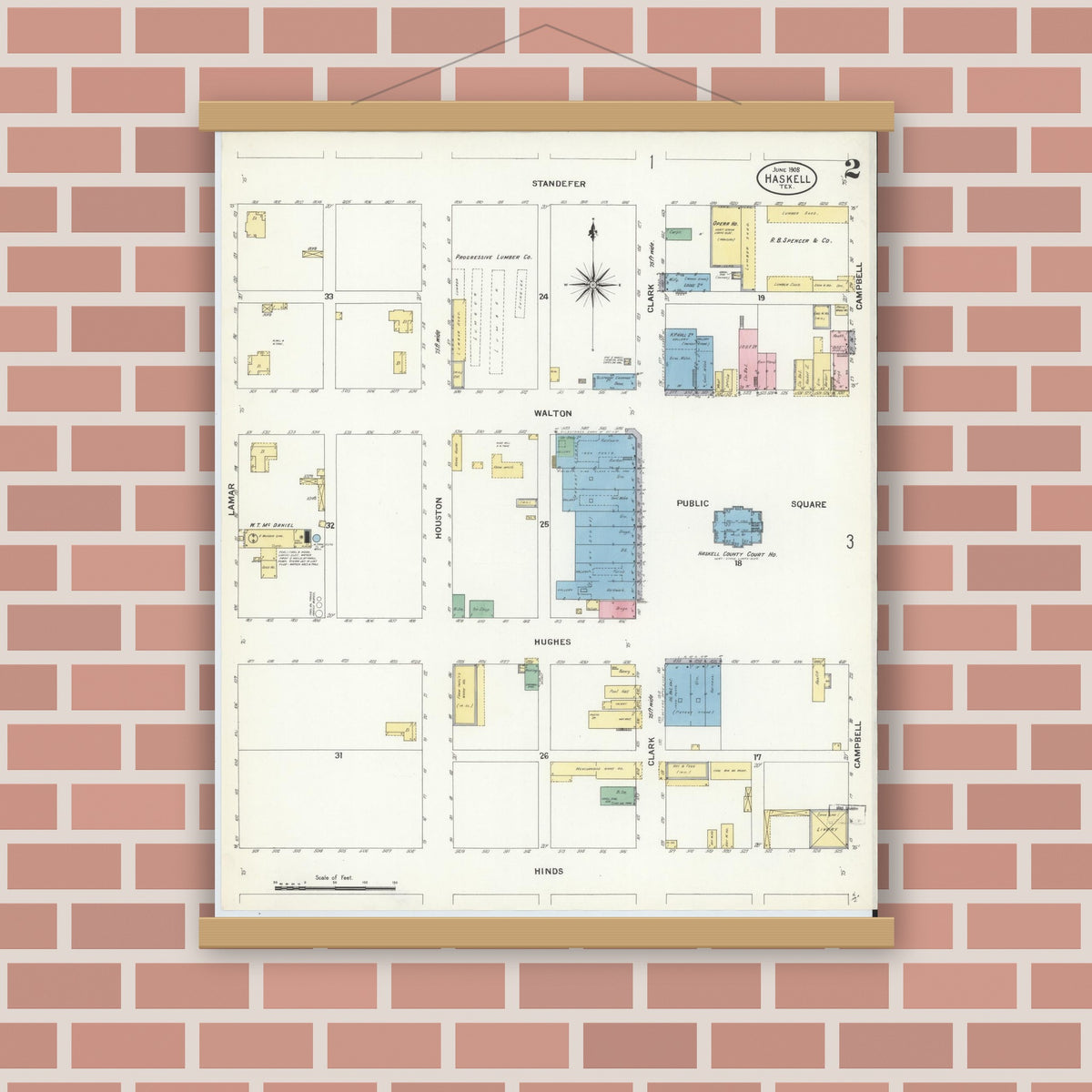 Old map wall art mockup — magnetic wood frame on brick wall — Sanborn Fire Insurance Map from Haskell, Haskell County, Texas (1908), Sheet #0002