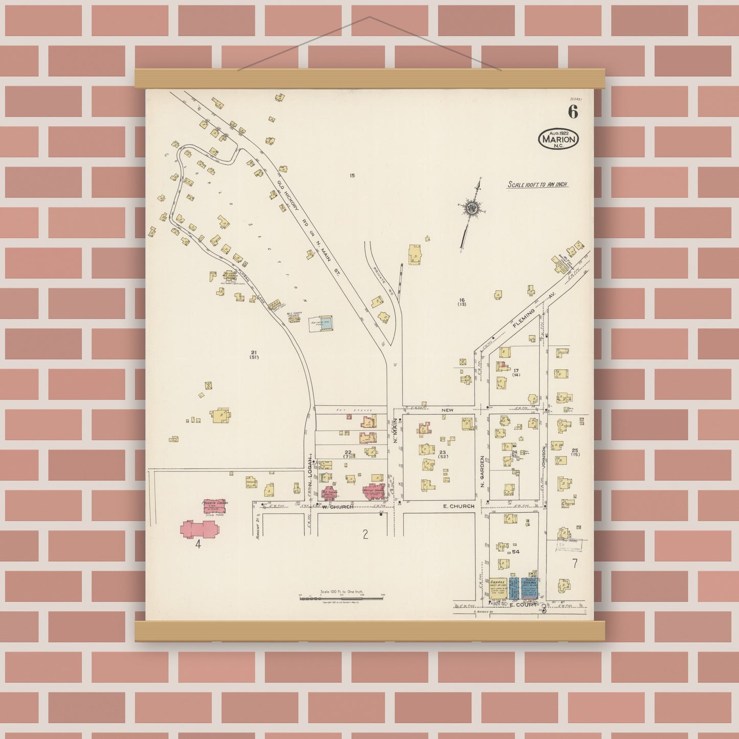 Old map wall art mockup — magnetic wood frame on brick wall — Sanborn Fire Insurance Map from Marion, Mcdowell County, North Carolina (1922), Sheet #0006