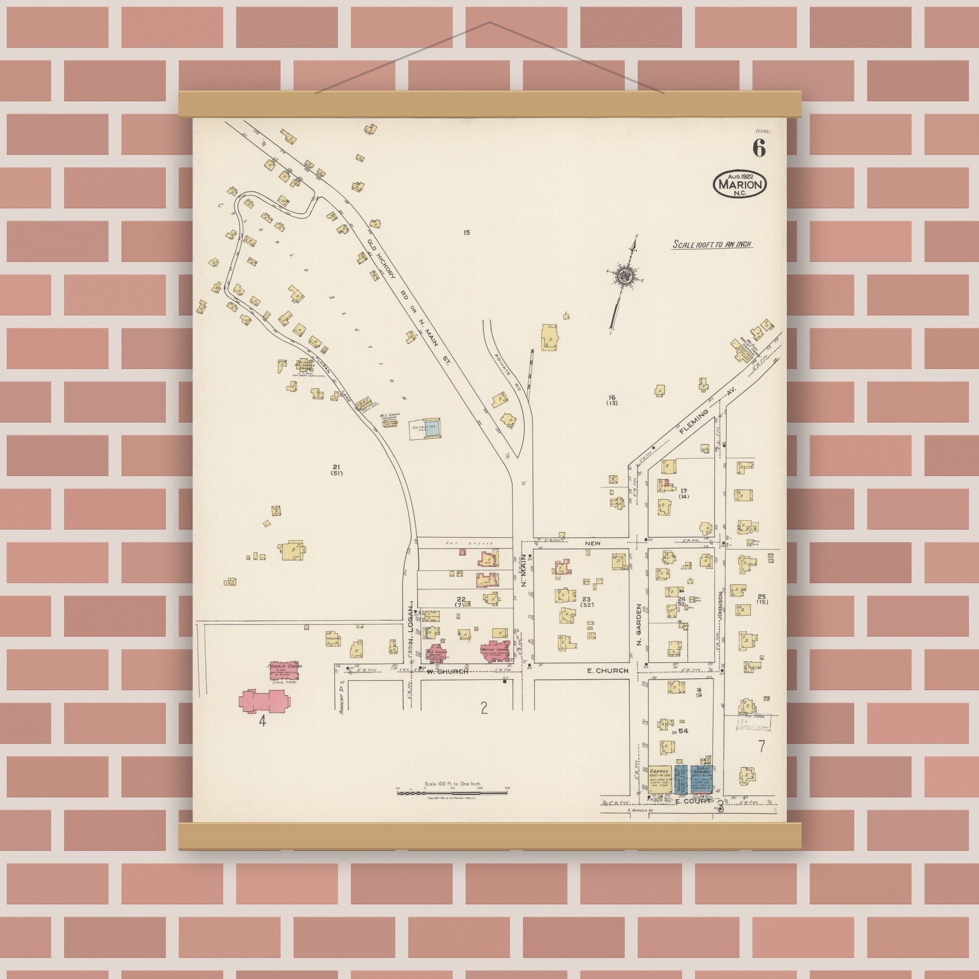 Old map wall art mockup — magnetic wood frame on brick wall — Sanborn Fire Insurance Map from Marion, Mcdowell County, North Carolina (1922), Sheet #0006