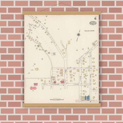 Old map wall art mockup — magnetic wood frame on brick wall — Sanborn Fire Insurance Map from Marion, Mcdowell County, North Carolina (1922), Sheet #0006