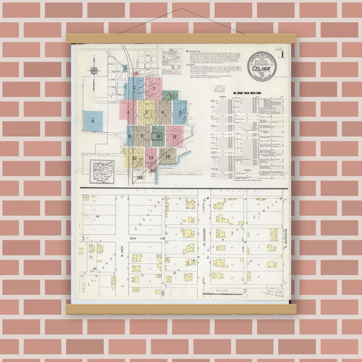 Old map wall art mockup — magnetic wood frame on brick wall — Sanborn Fire Insurance Map from Celina, Mercer County, Ohio (1914) - Complete Map Set