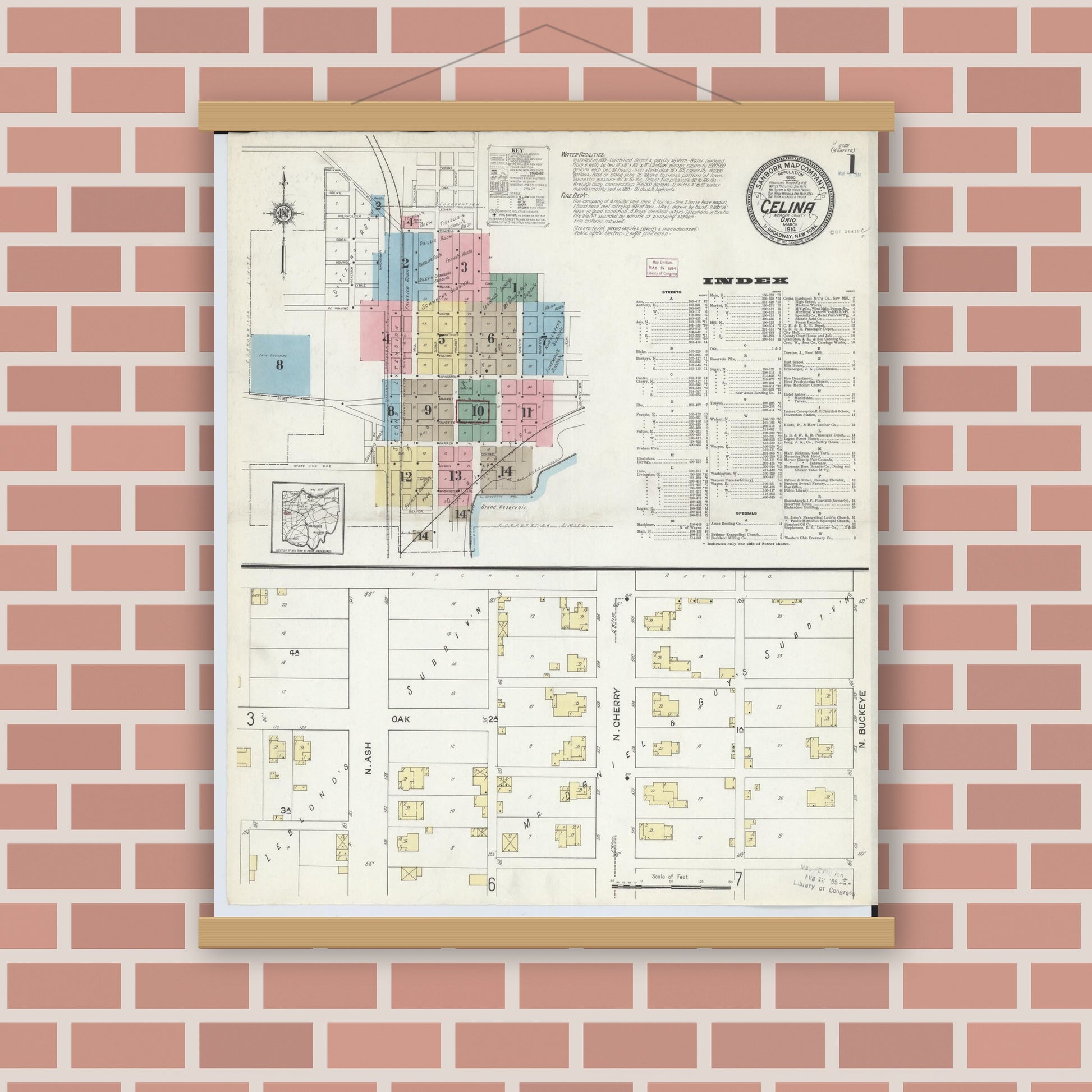 Old map wall art mockup — magnetic wood frame on brick wall — Sanborn Fire Insurance Map from Celina, Mercer County, Ohio (1914) - Complete Map Set