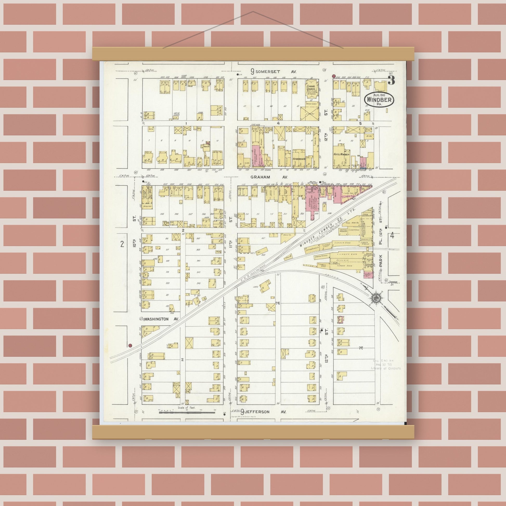 Old map wall art mockup — magnetic wood frame on brick wall — Sanborn Fire Insurance Map from Windber, Somerset County, Pennsylvania (1916), Sheet #0003