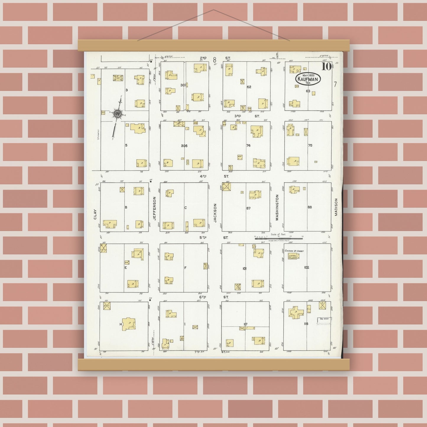 Old map wall art mockup — magnetic wood frame on brick wall — Sanborn Fire Insurance Map from Kaufman, Kaufman County, Texas (1920), Sheet #0010