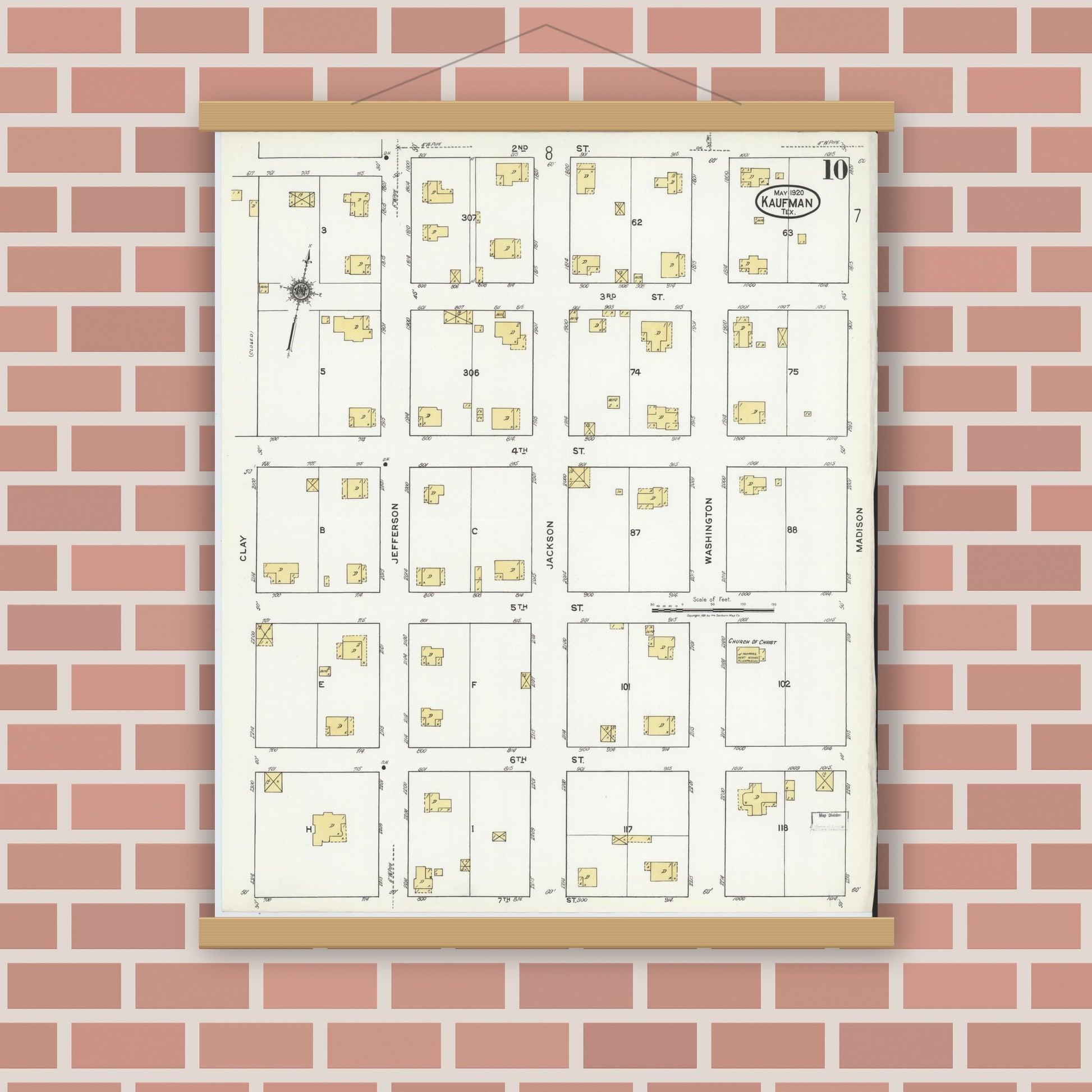 Old map wall art mockup — magnetic wood frame on brick wall — Sanborn Fire Insurance Map from Kaufman, Kaufman County, Texas (1920), Sheet #0010