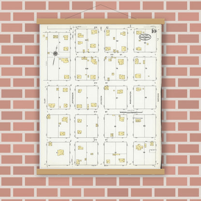 Old map wall art mockup — magnetic wood frame on brick wall — Sanborn Fire Insurance Map from Kaufman, Kaufman County, Texas (1920), Sheet #0010