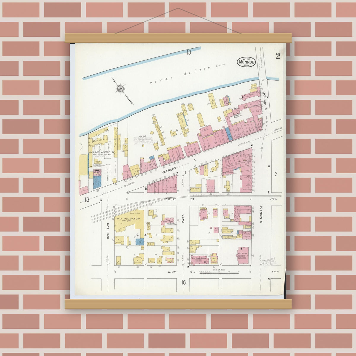 Old map wall art mockup — magnetic wood frame on brick wall — Sanborn Fire Insurance Map from Monroe, Monroe County, Michigan (1916), Sheet #0002