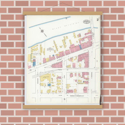 Old map wall art mockup — magnetic wood frame on brick wall — Sanborn Fire Insurance Map from Monroe, Monroe County, Michigan (1916), Sheet #0002