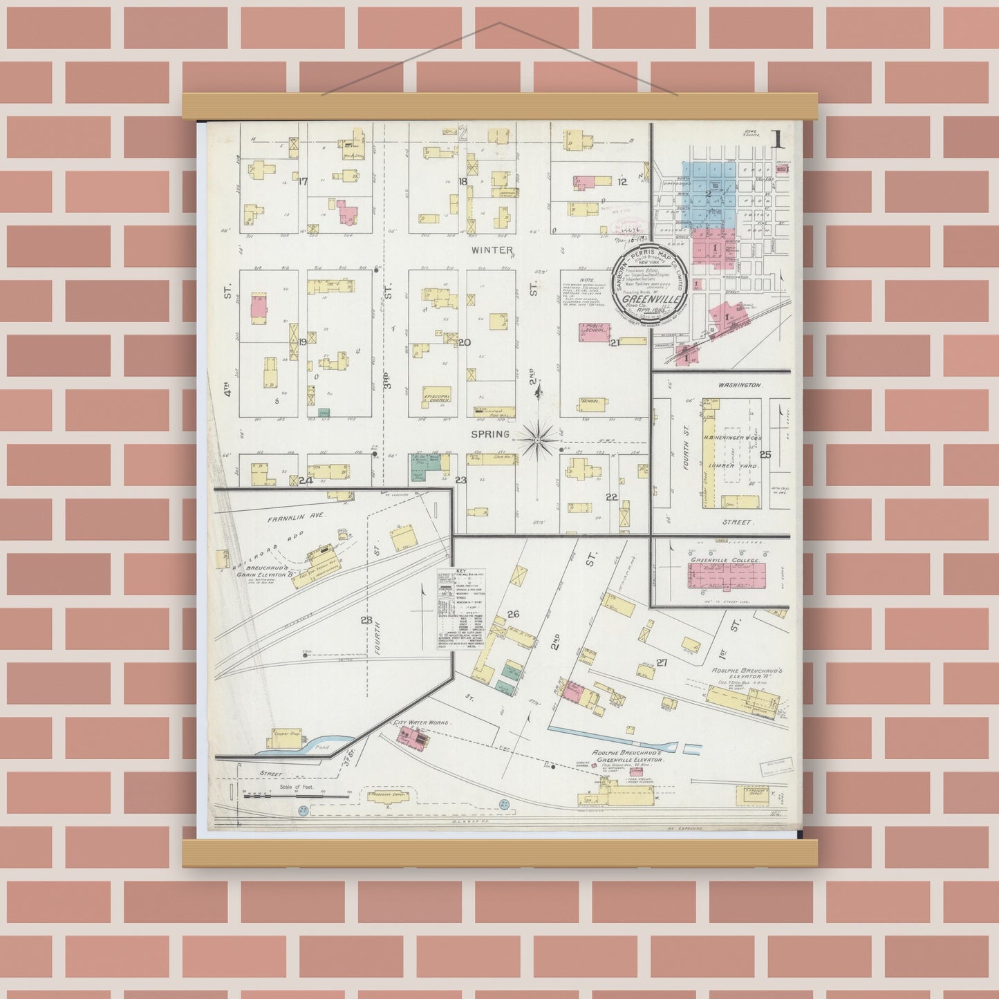 Old map wall art mockup — magnetic wood frame on brick wall — Sanborn Fire Insurance Map from Greenville, Bond County, Illinois (1893), Sheet #0001