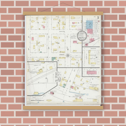 Old map wall art mockup — magnetic wood frame on brick wall — Sanborn Fire Insurance Map from Greenville, Bond County, Illinois (1893), Sheet #0001