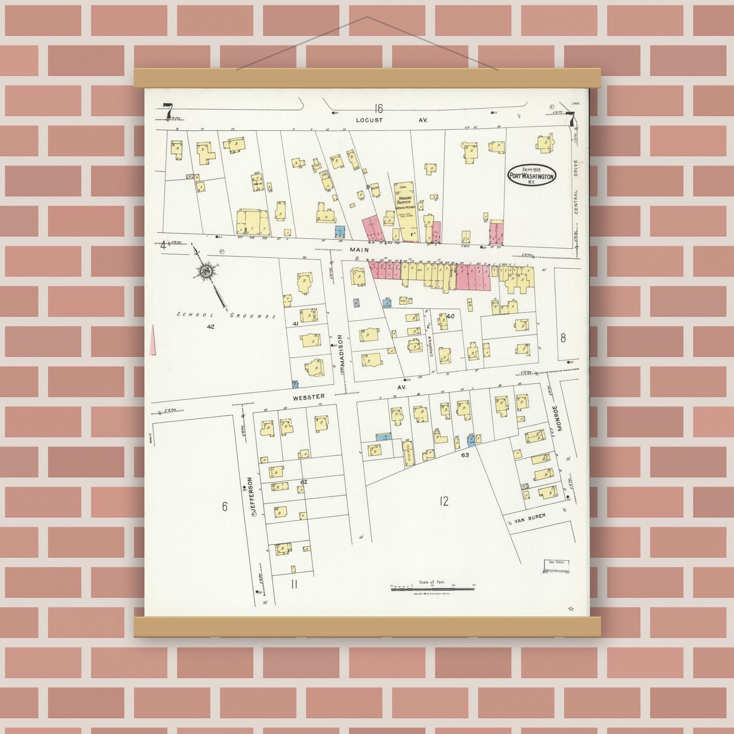 Old map wall art mockup — magnetic wood frame on brick wall — Sanborn Fire Insurance Map from Port Washington, Nassau County, New York (1925), Sheet #0007