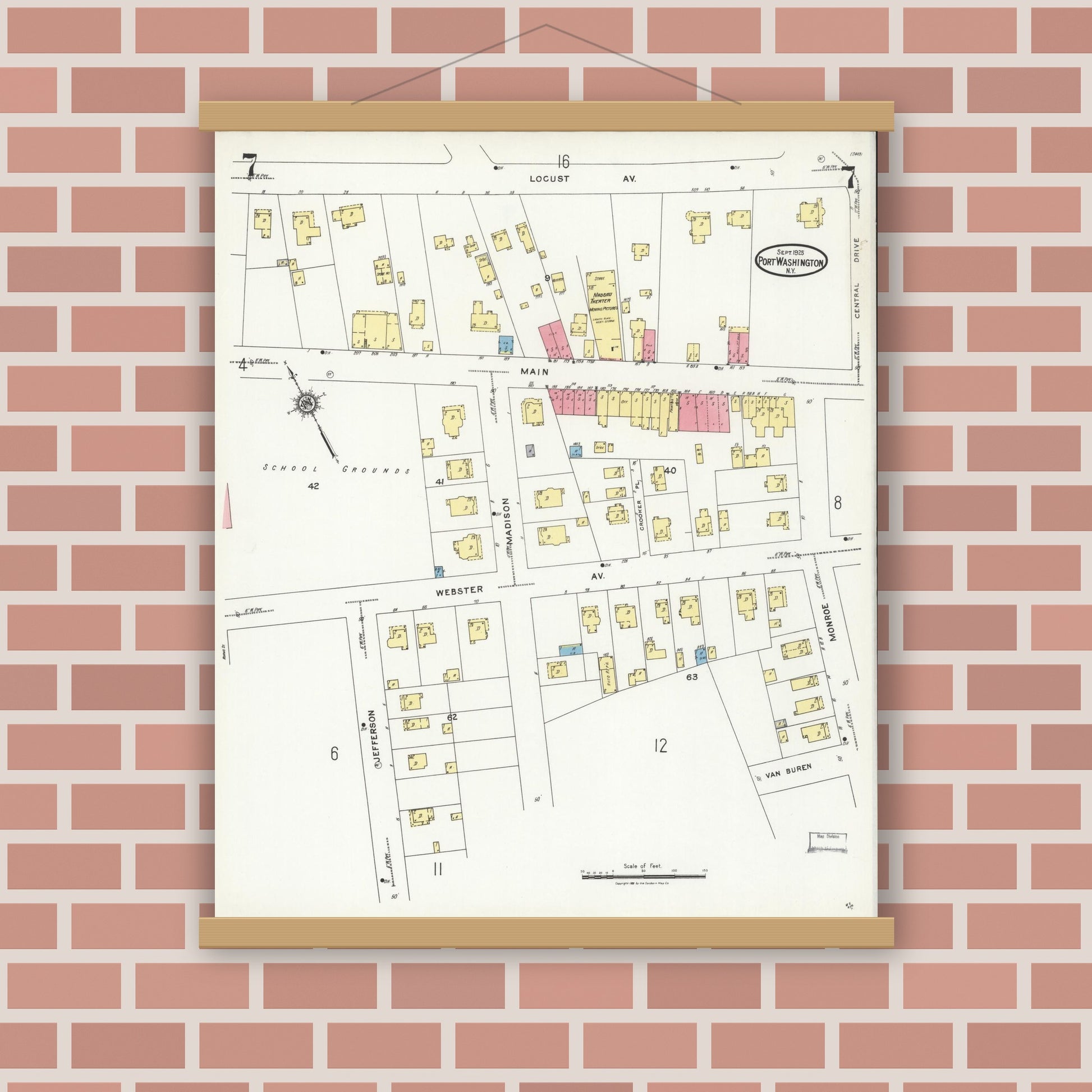 Old map wall art mockup — magnetic wood frame on brick wall — Sanborn Fire Insurance Map from Port Washington, Nassau County, New York (1925), Sheet #0007