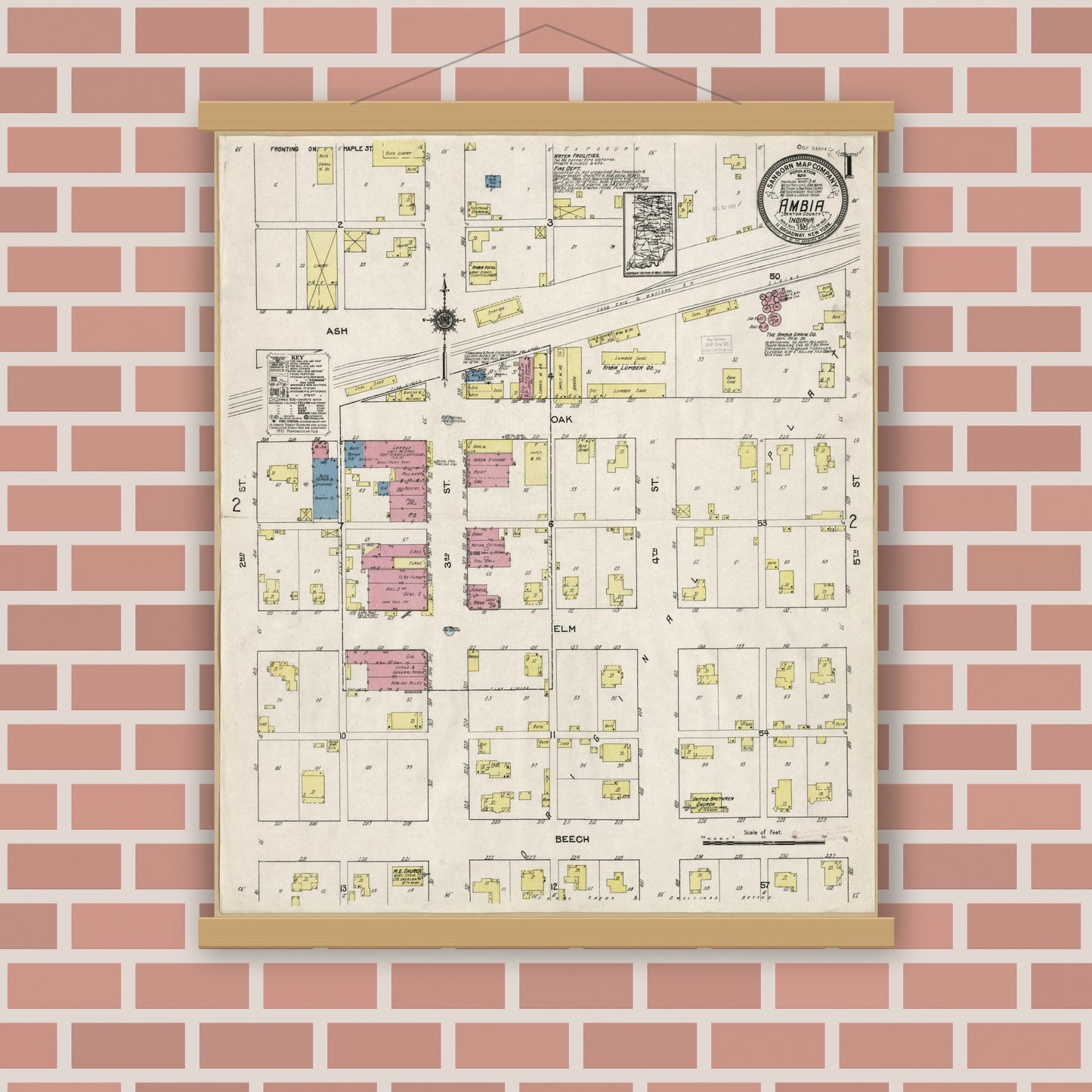 Old map wall art mockup — magnetic wood frame on brick wall — Sanborn Fire Insurance Map from Ambia, Benton County, Indiana (1921), Sheet #0001