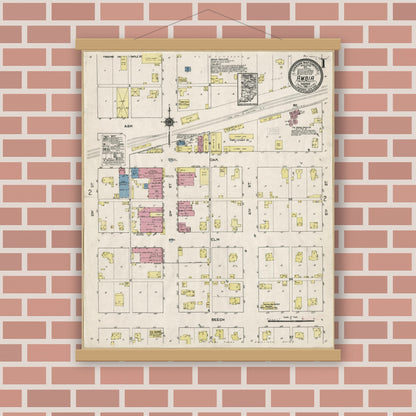 Old map wall art mockup — magnetic wood frame on brick wall — Sanborn Fire Insurance Map from Ambia, Benton County, Indiana (1921), Sheet #0001