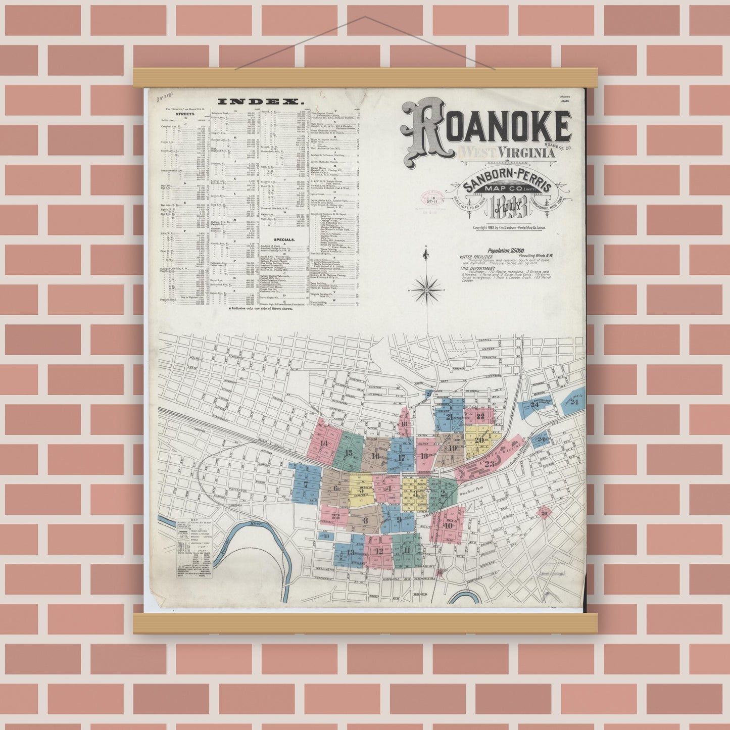 Old map wall art mockup — magnetic wood frame on brick wall — Sanborn Fire Insurance Map from Roanoke, Independent Cities, Virginia (1893), Sheet #0001