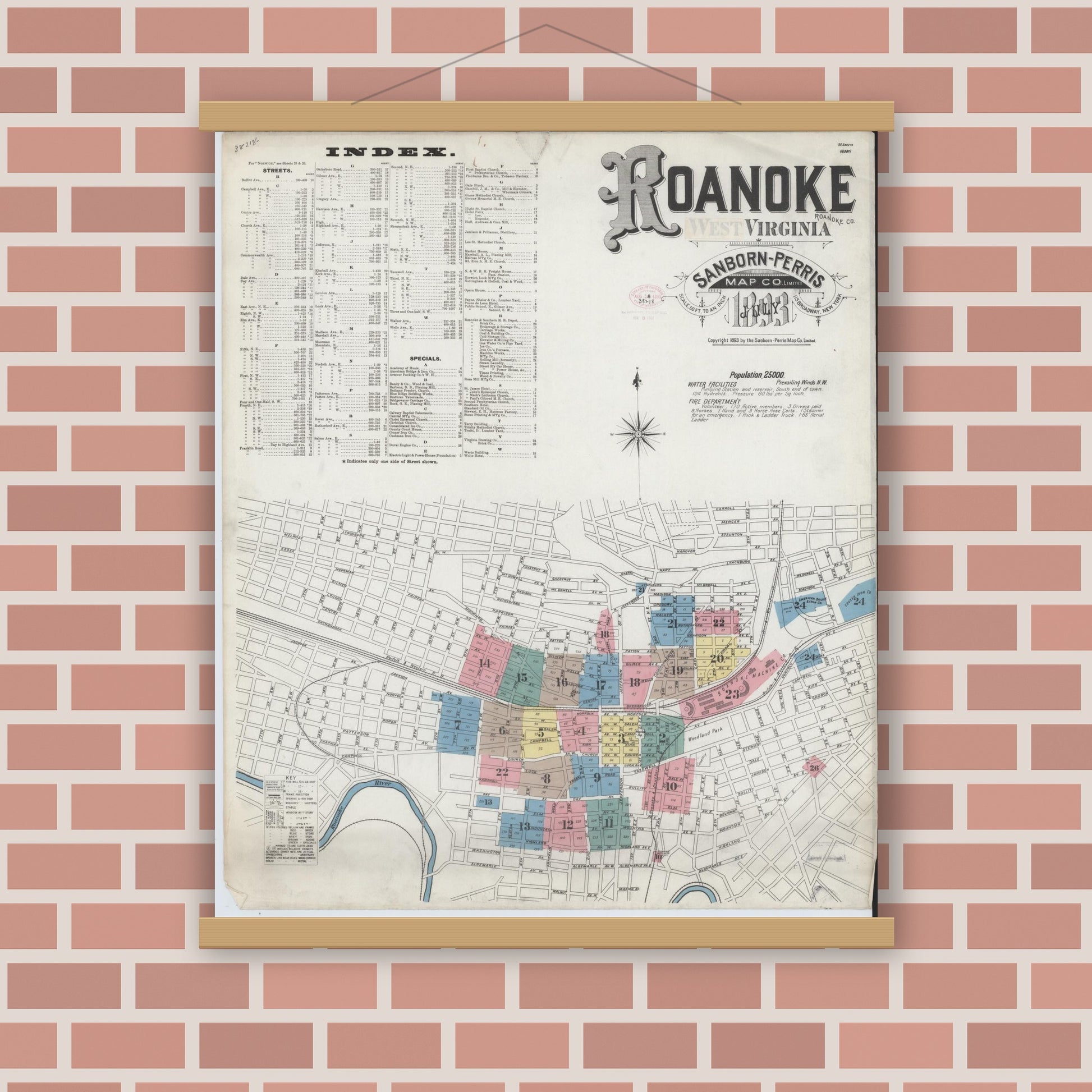 Old map wall art mockup — magnetic wood frame on brick wall — Sanborn Fire Insurance Map from Roanoke, Independent Cities, Virginia (1893), Sheet #0001