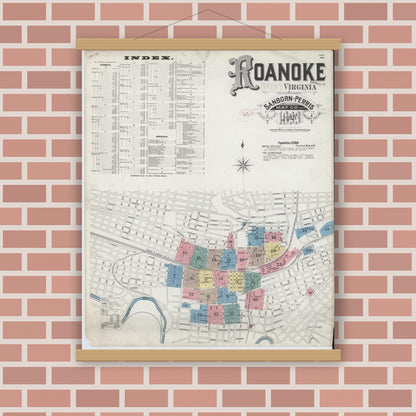 Old map wall art mockup — magnetic wood frame on brick wall — Sanborn Fire Insurance Map from Roanoke, Independent Cities, Virginia (1893), Sheet #0001