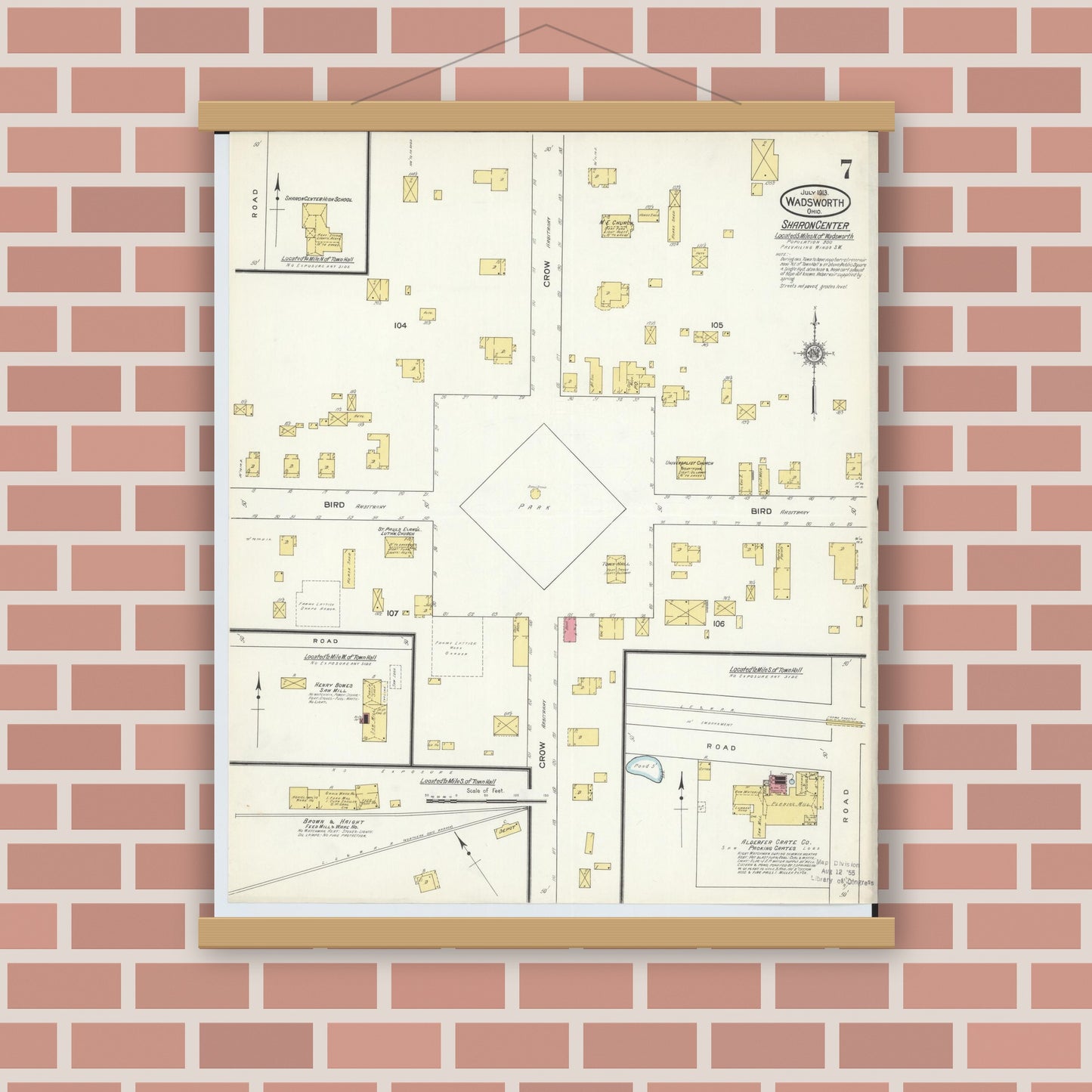 Old map wall art mockup — magnetic wood frame on brick wall — Sanborn Fire Insurance Map from Wadsworth, Medina County, Ohio (1913), Sheet #0007