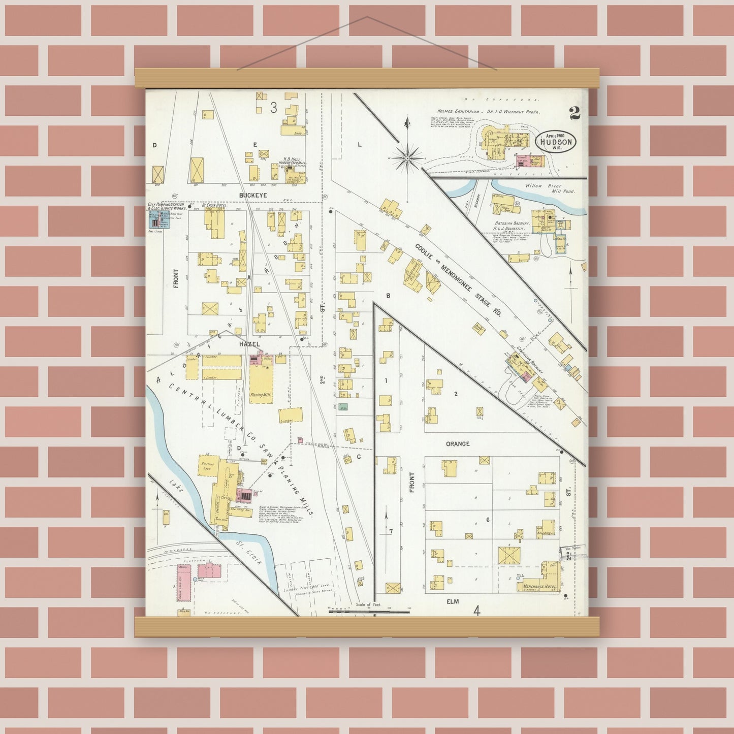 Old map wall art mockup — magnetic wood frame on brick wall — Sanborn Fire Insurance Map from Hudson, St. Croix County, Wisconsin (1900), Sheet #0002