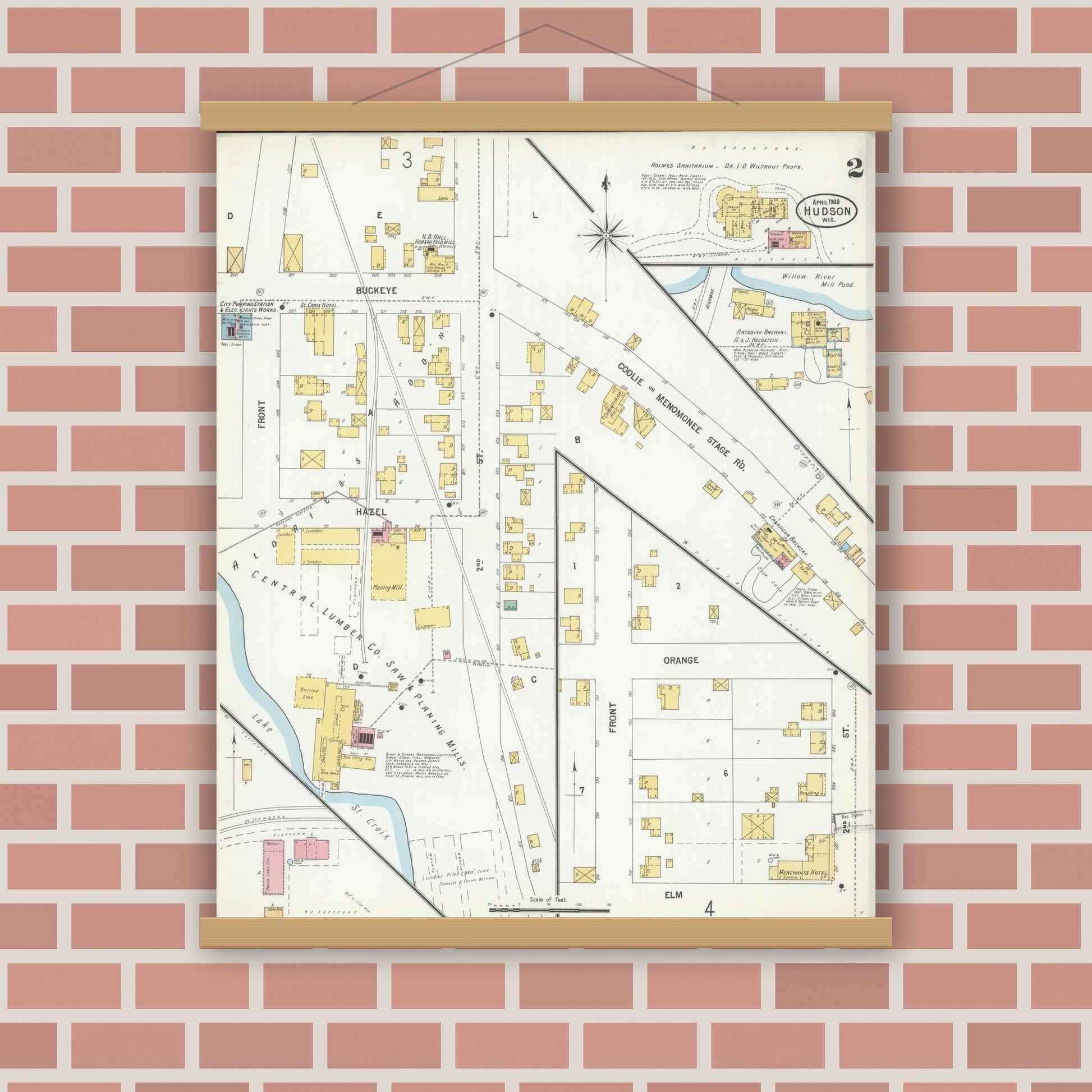 Old map wall art mockup — magnetic wood frame on brick wall — Sanborn Fire Insurance Map from Hudson, St. Croix County, Wisconsin (1900), Sheet #0002