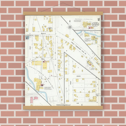 Old map wall art mockup — magnetic wood frame on brick wall — Sanborn Fire Insurance Map from Hudson, St. Croix County, Wisconsin (1900), Sheet #0002