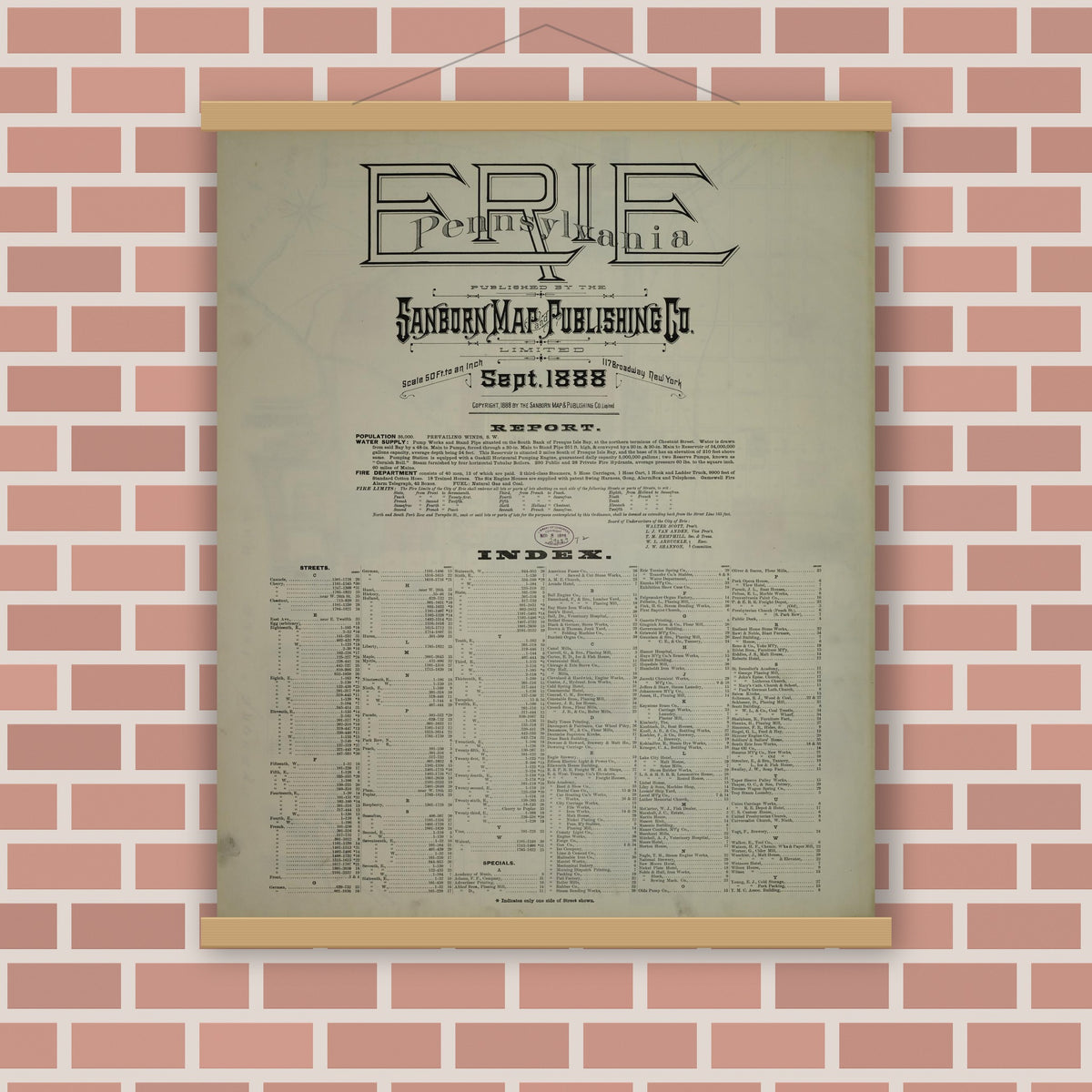 Old map wall art mockup — magnetic wood frame on brick wall — Sanborn Fire Insurance Map from Erie, Erie County, Pennsylvania (1888), Sheet #0001