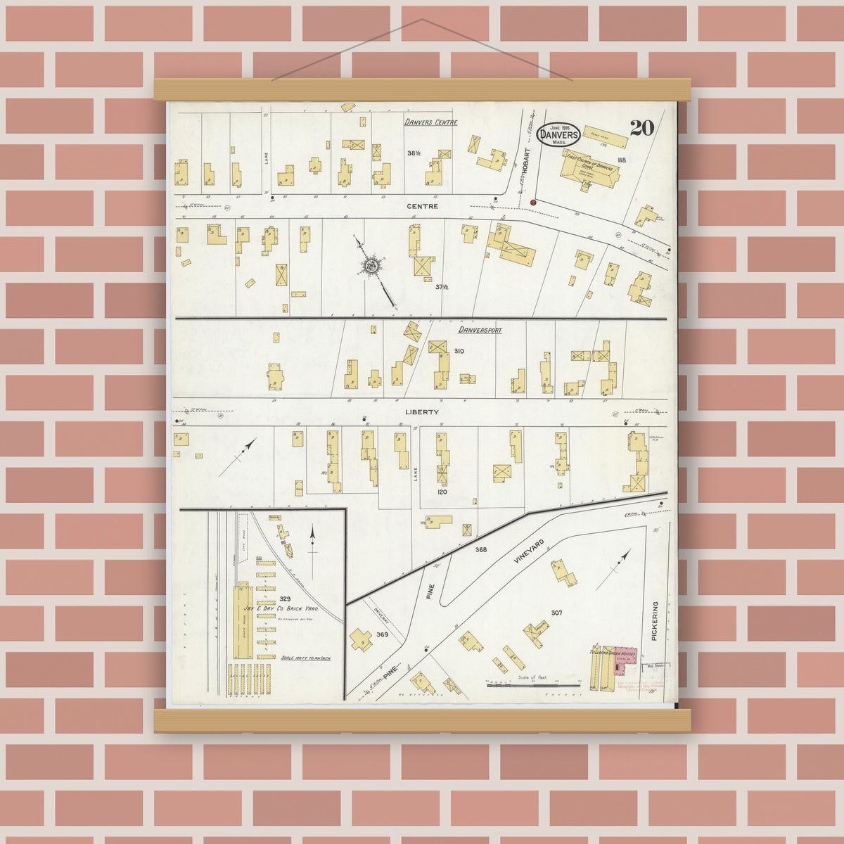 Old map wall art mockup — magnetic wood frame on brick wall — Sanborn Fire Insurance Map from Danvers, Essex County, Massachusetts (1916), Sheet #0020