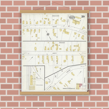 Old map wall art mockup — magnetic wood frame on brick wall — Sanborn Fire Insurance Map from Danvers, Essex County, Massachusetts (1916), Sheet #0020
