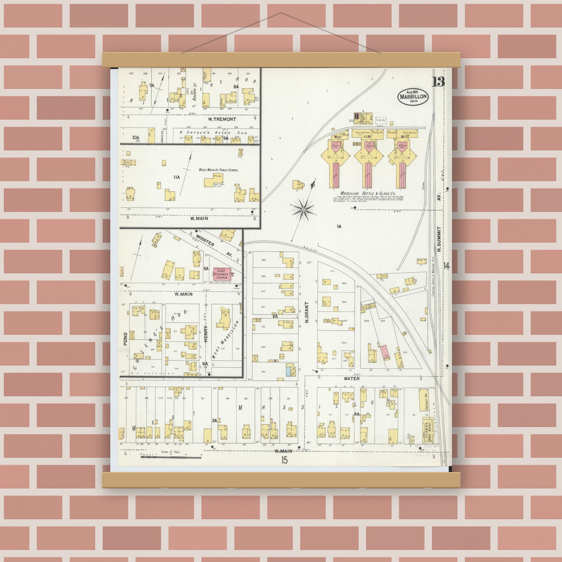 Old map wall art mockup — magnetic wood frame on brick wall — Sanborn Fire Insurance Map from Massillon, Stark County, Ohio (1901), Sheet #0013
