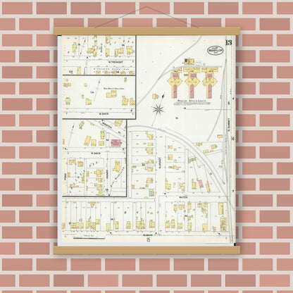 Old map wall art mockup — magnetic wood frame on brick wall — Sanborn Fire Insurance Map from Massillon, Stark County, Ohio (1901), Sheet #0013