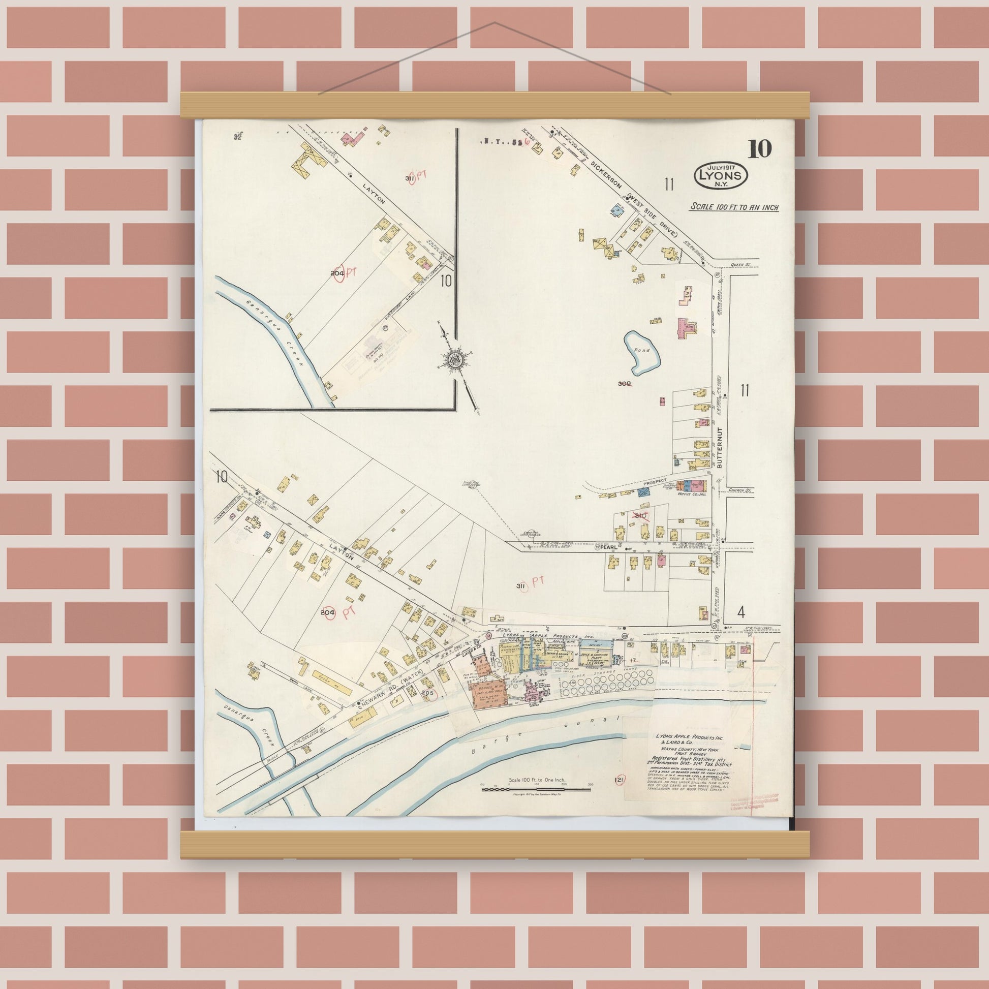 Old map wall art mockup — magnetic wood frame on brick wall — Sanborn Fire Insurance Map from Lyons, Wayne County, New York (1949), Sheet #0010