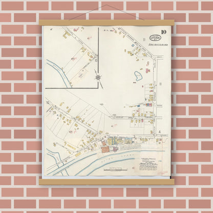 Old map wall art mockup — magnetic wood frame on brick wall — Sanborn Fire Insurance Map from Lyons, Wayne County, New York (1949), Sheet #0010