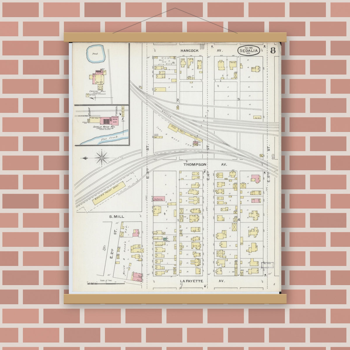 Old map wall art mockup — magnetic wood frame on brick wall — Sanborn Fire Insurance Map from Sedalia, Pettis County, Missouri (1892), Sheet #0008