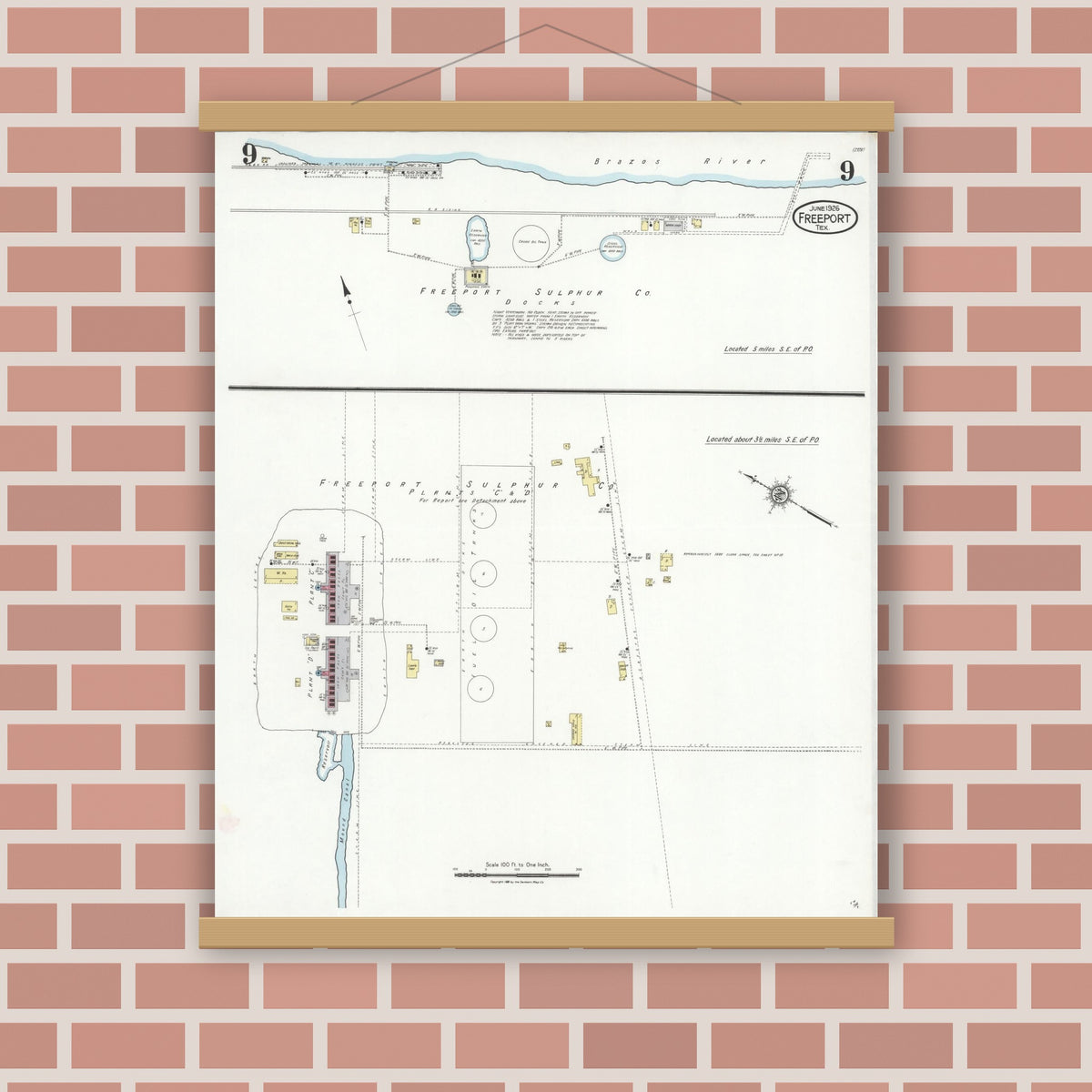 Old map wall art mockup — magnetic wood frame on brick wall — Sanborn Fire Insurance Map from Freeport, Brazoria County, Texas (1926), Sheet #0009