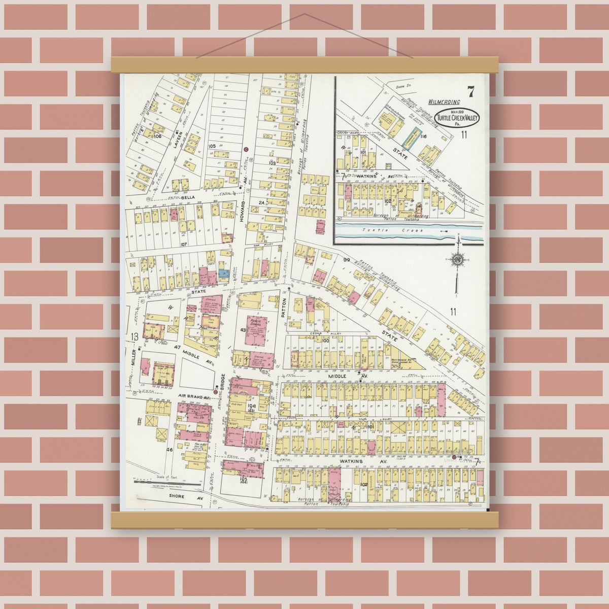 Old map wall art mockup — magnetic wood frame on brick wall — Sanborn Fire Insurance Map from Turtle Creek Valley, Allegheny County, Pennsylvania (1919), Sheet #0007