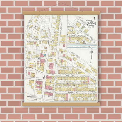 Old map wall art mockup — magnetic wood frame on brick wall — Sanborn Fire Insurance Map from Turtle Creek Valley, Allegheny County, Pennsylvania (1919), Sheet #0007
