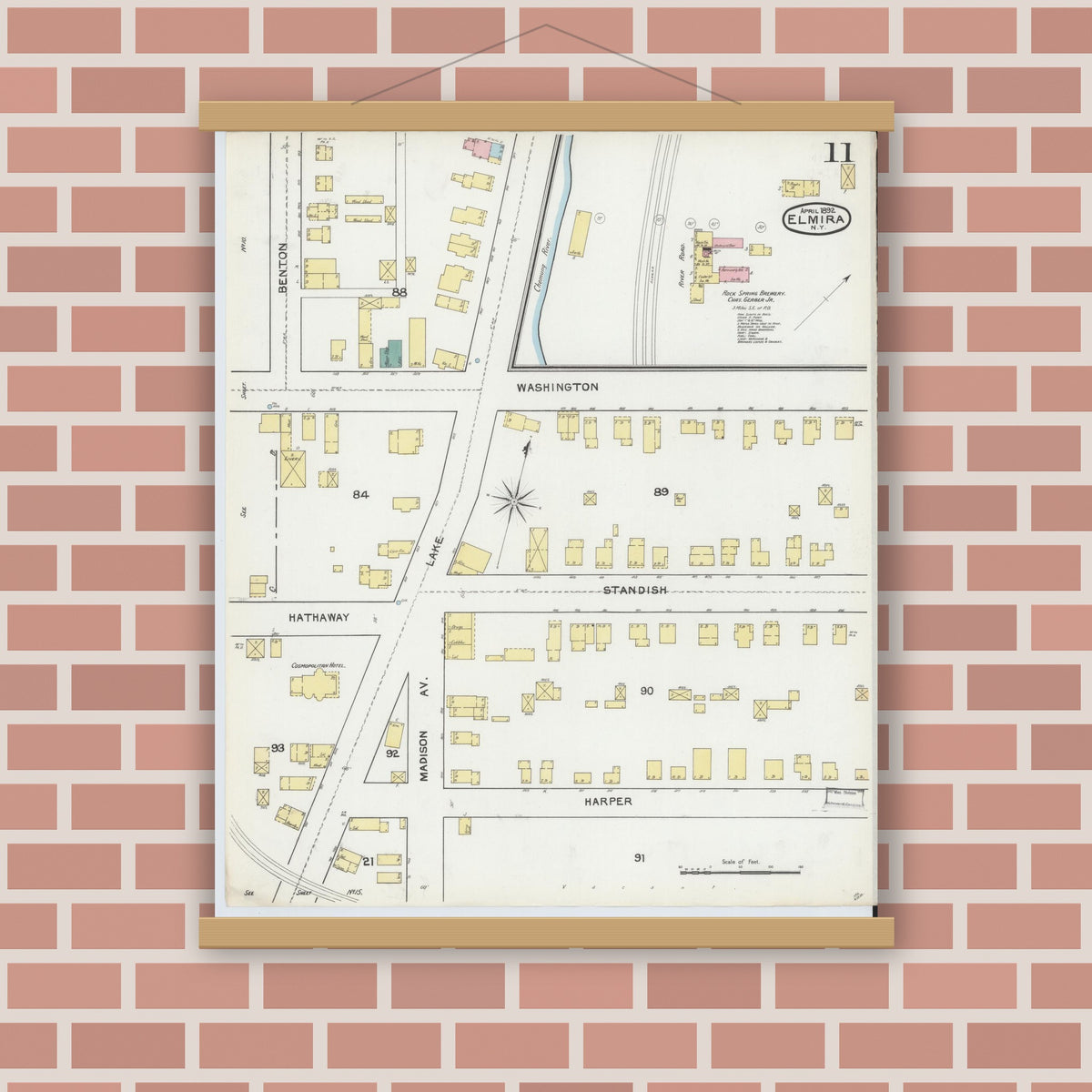 Old map wall art mockup — magnetic wood frame on brick wall — Sanborn Fire Insurance Map from Elmira, Chemung County, New York (1892), Sheet #0011