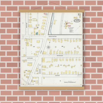 Old map wall art mockup — magnetic wood frame on brick wall — Sanborn Fire Insurance Map from Elmira, Chemung County, New York (1892), Sheet #0011