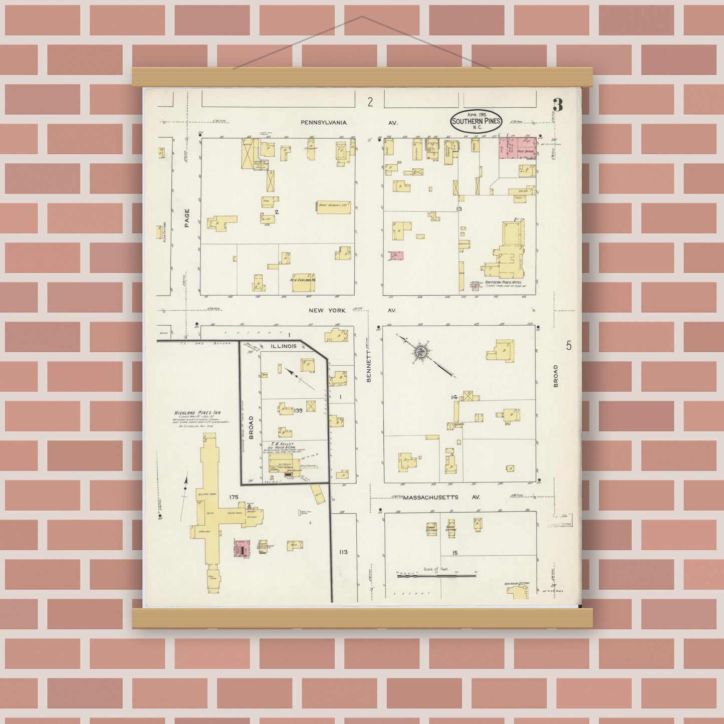 Old map wall art mockup — magnetic wood frame on brick wall — Sanborn Fire Insurance Map from Southern Pines, Moore County, North Carolina (1915), Sheet #0003