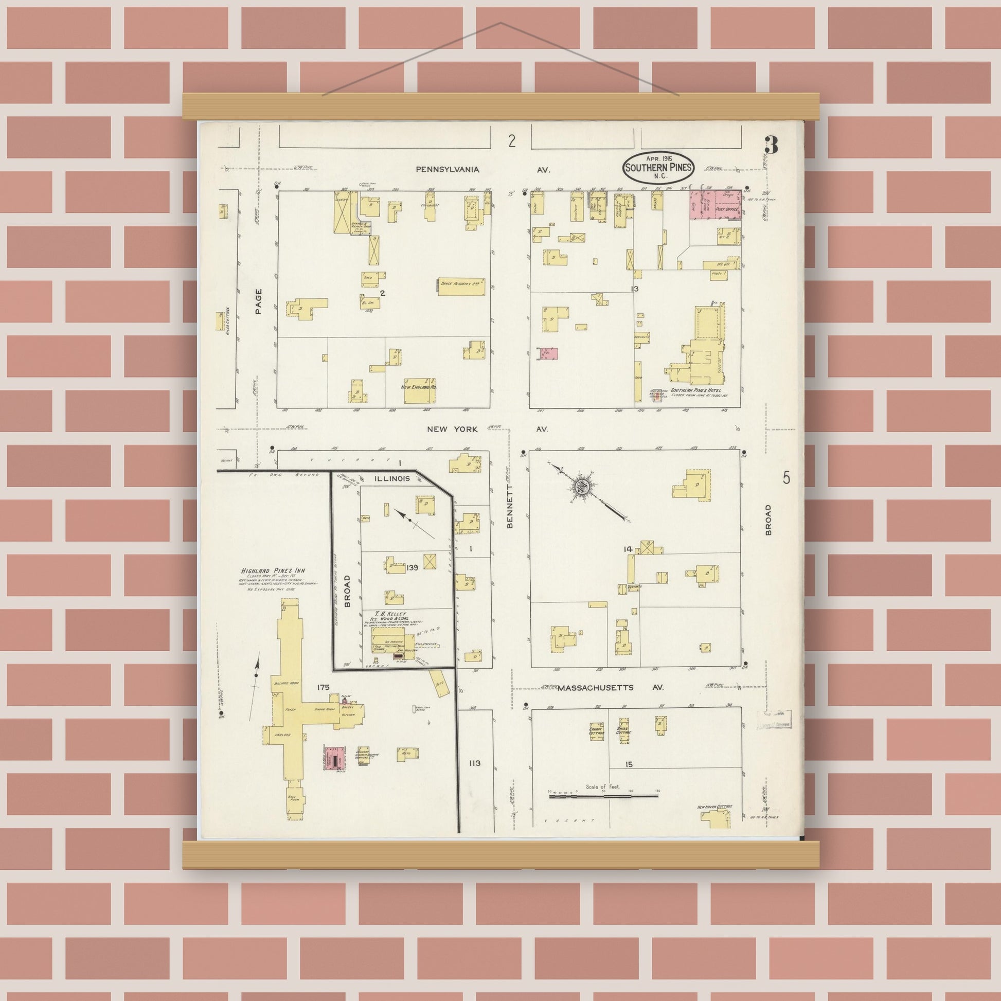 Old map wall art mockup — magnetic wood frame on brick wall — Sanborn Fire Insurance Map from Southern Pines, Moore County, North Carolina (1915), Sheet #0003