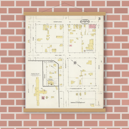Old map wall art mockup — magnetic wood frame on brick wall — Sanborn Fire Insurance Map from Southern Pines, Moore County, North Carolina (1915), Sheet #0003