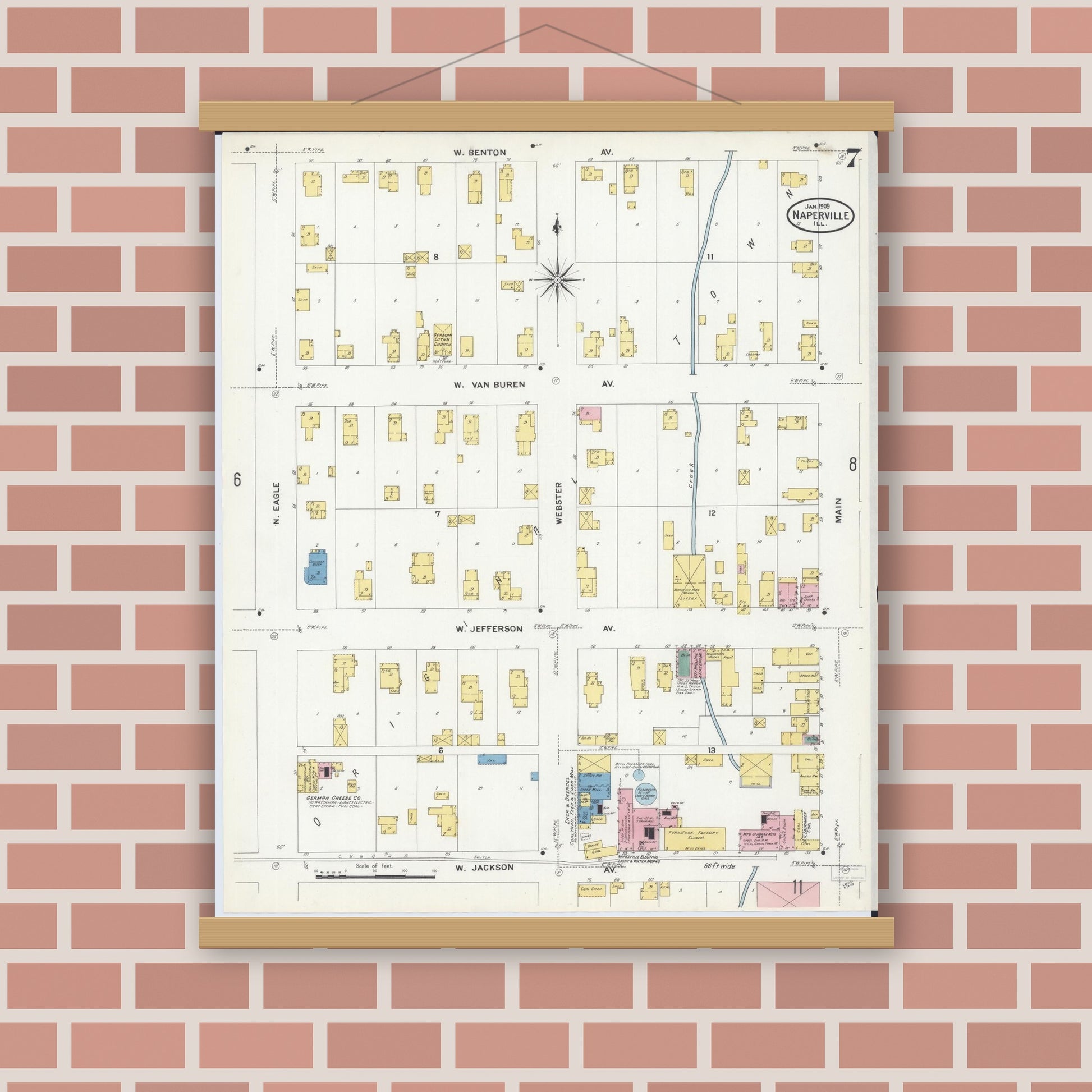 Old map wall art mockup — magnetic wood frame on brick wall — Sanborn Fire Insurance Map from Naperville, Du Page County, Illinois (1909), Sheet #0007